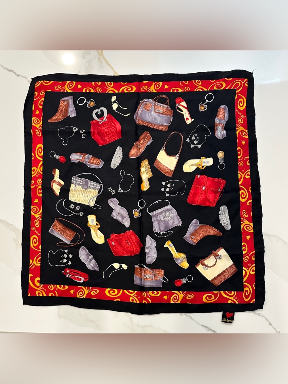 Brighton Silk Scarf in Black, Red and Yellow with Swirl Border